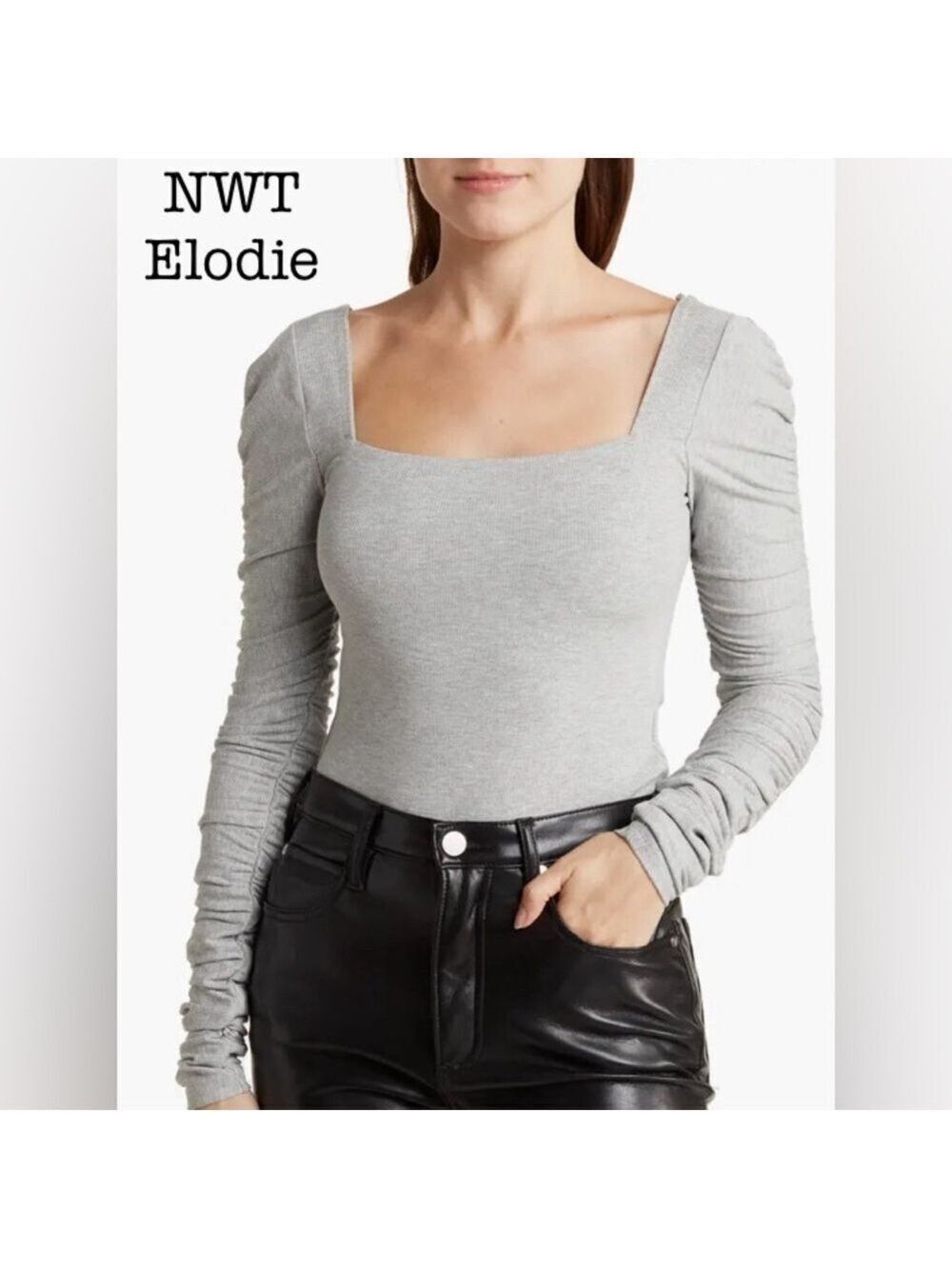 NWT Elodie from Nordstrom Square Neck Long Ruched Sleeve Knit Top size Small